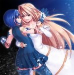  2girls archetype_earth arcueid_brunestud bare_shoulders blonde_hair blue_eyes blue_hair boots breasts ciel cleavage detached_sleeves dress eye_contact gloves holding_hands long_hair looking_at_another melty_blood multiple_girls red_eyes short_hair smile strapless_dress sweatdrop thigh-highs tsukihime turtleneck very_long_hair yashirogi_suzuna 