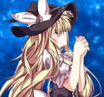  1girl blonde_hair blush bow from_side hat hat_bow hikobae kirisame_marisa long_hair looking_up night night_sky sash sky solo steepled_fingers touhou very_long_hair witch_hat 