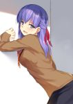  1girl blush cccpo fate/stay_night fate_(series) from_side highres leaning_forward long_hair looking_at_viewer matou_sakura purple_hair school_uniform sketch solo violet_eyes 