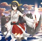  1girl bare_shoulders black_hair brown_eyes clouds cloudy_sky cowboy_shot detached_sleeves frilled_skirt frills gen_withillust hair_ornament hairband haruna_(kantai_collection) headgear highres japanese_clothes jewelry kantai_collection lace lace-trimmed_thighhighs looking_at_viewer machinery nontraditional_miko ocean petals pleated_skirt red_skirt ribbon-trimmed_sleeves ribbon_trim ring skirt sky solo thigh-highs wedding_band wide_sleeves 