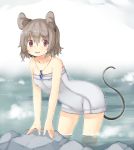  1girl akagashi_hagane animal_ears bent_over collarbone gem grey_hair jewelry looking_at_viewer mouse_ears mouse_tail naked_towel nazrin necklace onsen open_mouth pendant pink_eyes smile solo tail touhou towel water 