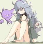  1girl ahoge al_bhed_eyes bare_legs barefoot blush book book_hug dress duskull feet hairband haunter hex_maniac_(pokemon) highres holding holding_book long_hair looking_away messy_hair muroi_(fujisan0410) musical_note npc pale_skin panties pantyshot pantyshot_(sitting) pokemon pokemon_(creature) pokemon_(game) pokemon_xy purple_hair sitting smile sweater underwear violet_eyes white_panties 