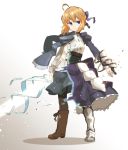  1girl ahoge amonitto armor asymmetrical_clothes blonde_hair blue_eyes boots fate/stay_night fate_(series) gauntlets juliet_sleeves long_sleeves looking_at_viewer mismatched_footwear puffy_sleeves saber scarf shirt skirt solo 