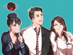  1boy 2girls =_= ^_^ anger_vein belt-san black_hair brown_eyes closed_eyes dress_shirt female forced_smile formal grey_eyes kamen_rider kamen_rider_drive_(series) labcoat long_hair male mole multiple_girls necktie open_mouth sawagami_rinna shijima_kiriko shirt short_hair smile striped striped_necktie suit tomari_shinnosuke yonahrita 