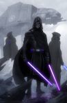  3boys armor artist_request at-at belt boots dual_wielding emblem energy_cannon energy_sword galactic_empire gloves hood lightsaber mecha mist multiple_boys realistic rock science_fiction signature sith star_wars sword tunic vehicle water weapon 