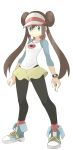  blue_eyes blush brown_hair dress long_hair mei_(pokemon) odango pantyhose pokemon twintails visor watch 