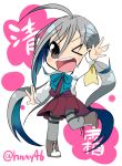  &gt;_o 1girl 8997744 ;d ahoge chibi grey_eyes kantai_collection kiyoshimo_(kantai_collection) long_hair looking_at_viewer low_twintails one_eye_closed open_mouth school_uniform silver_hair smile solo translation_request twintails 