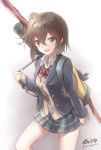  1girl blazer blush bowtie brown_hair cardigan cowboy_shot d-style_wed green_skirt hair_between_eyes hiryuu_(kantai_collection) kantai_collection looking_at_viewer open_mouth plaid plaid_skirt pleated_skirt school_uniform short_hair skirt smile solo 