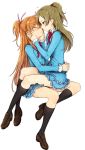  2girls blue_eyes brown_hair female hair_ribbon hands_on_another&#039;s_face heart highres houjou_hibiki incipient_kiss kneehighs loafers long_hair looking_at_another minamino_kanade minatsuki_randoseru multiple_girls orange_hair precure ribbon school_uniform shoes short_twintails sitting sitting_on_person skirt suite_precure twintails very_long_hair white_background yuri 