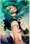  1girl aqua_hair bishoujo_senshi_sailor_moon closed_eyes deep_aqua_mirror eyelashes eyeshadow floating_hair gloves highres holding kaiou_michiru lips makeup mirror nekochuni sailor_neptune short_sleeves solo white_gloves 