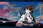  1girl arrow blue_sky bow_(weapon) brown_eyes brown_hair bust collarbone flight_deck highres injury japanese_clothes kaga_(kantai_collection) kantai_collection letterboxed looking_at_viewer looking_to_the_side madokan_suzuki muneate outdoors parted_lips partially_submerged purple_sky quiver scrape side_ponytail sky solo sunset tasuki torn_clothes water weapon 