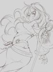  1girl belt breasts detached_sleeves eileen_(terra_battle) from_behind grey_background highres lineart long_hair looking_at_viewer looking_back microphone_stand mth43 sketch skirt solo terra_battle 