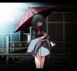  1girl alternate_costume heterochromia highres japanese_clothes karakasa_obake kimono letterboxed long_sleeves obi s-syogo sash smile solo tatara_kogasa touhou umbrella veranda wide_sleeves yukata 