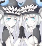  2girls aqua_eyes black_gloves bodysuit bust cape dated gloves headgear hibiki_(pixiv231666) kantai_collection looking_at_viewer multiple_girls pale_skin shinkaisei-kan smile symmetrical_hand_pose tentacles twitter_username white_hair wo-class_aircraft_carrier 