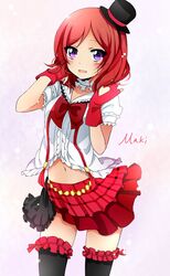  1girl black_legwear blush bokura_wa_ima_no_naka_de bow character_name choker fingerless_gloves frilled_shirt frills gloves hat highres looking_at_viewer love_live!_school_idol_project matsurinnu mini_top_hat navel nishikino_maki open_mouth red_gloves redhead skirt solo standing thigh-highs top_hat violet_eyes zettai_ryouiki 