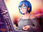  1girl arcade_cabinet bare_shoulders blue_eyes blue_hair bra_strap commentary game_cg glasses highres hunie_pop nikki_ann-marie ninamo off-shoulder_sweater official_art playing_games ribbed_sweater short_hair solo sweater watermark 