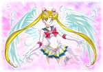  1girl angel_wings anime_coloring artist_name bangs bishoujo_senshi_sailor_moon blonde_hair blue_eyes bow brooch choker circlet cowboy_shot doily earrings elbow_gloves feathered_wings feathers gloves heart jewelry light_smile long_hair marco_albiero miniskirt multicolored_skirt official_style parted_bangs pink_background pleated_skirt red_bow sailor_collar sailor_moon see-through signature skirt solo sparkle star starry_background super_sailor_moon tsukino_usagi twintails very_long_hair wings 