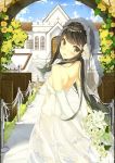  1girl bare_shoulders blush bouquet bridal_veil bride brown_eyes brown_hair dress elbow_gloves flower gloves highres long_hair looking_at_viewer original shirohina solo veil wedding_dress 