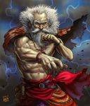  1boy abs beard big_hair bracelet cloak facial_hair fighting_stance jewelry male manly matataku messy_hair muscle necklace old_man original shirtless solo veins white_hair wrinkles 