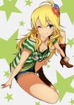  1girl ahoge blonde_hair blush boots green_eyes highres hoshii_miki idolmaster jewelry long_hair necklace one_eye_closed q_(ed69) shirt sitting smile solo star striped striped_shirt 