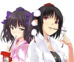  2girls black_hair blush bow brown_eyes brown_hair bust cl_(h-sys.) commentary_request hair_bow hat hat_ribbon himekaidou_hatate jewelry looking_at_viewer mouth_hold multiple_girls necklace pendant pocky pointy_ears red_eyes ribbon shameimaru_aya shirt tokin_hat touhou twintails waiting_for_kiss 
