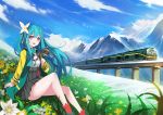  1girl :d blue_hair field flower flower_field hair_ornament long_hair looking_at_viewer mountain open_mouth original red_eyes sitting sky smile solo train zhuxiao517 
