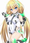  1girl :q angela_balzac atsuhien blonde_hair blue_eyes bodysuit covered_navel elbow_gloves expelled_from_paradise gloves highres long_hair solo tongue tongue_out twintails very_long_hair 