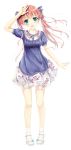  1girl absurdres blue_eyes blush breasts dress floral_print full_body hair_ribbon head_tilt highres long_hair original pink_hair purple_dress ribbon sandals simple_background socks solo twintails white_background wuming_(xianghui0106) 