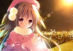  1girl :d brown_eyes brown_hair coat hair_ornament hat long_hair looking_at_viewer natsuki_coco open_mouth original smile solo wind 
