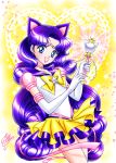 1girl :d animal_ears bangs bishoujo_senshi_sailor_moon blue_eyes cat_ears choker cowboy_shot doily elbow_gloves gloves heart long_hair luna_(sailor_moon) luna_(sailor_moon)_(human) marco_albiero official_style open_mouth parted_bangs petals purple_hair signature smile solo sparkle star very_long_hair wand white_gloves yellow_bow 