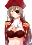  1girl amagi_brilliant_park ascot attsun_(atsushi_jb) blush breasts brown_eyes brown_hair cleavage epaulettes eyepatch hat long_hair looking_at_viewer pirate_costume pirate_hat sento_isuzu solo white_background 