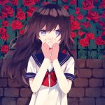 1girl absurdres blue_eyes brick_wall brown_hair crying flower hands_on_own_face highres long_hair looking_at_viewer me_(1005646017) original ribbon rose sad school_uniform short_sleeves solo 