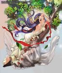 1girl back barefoot dress green_eyes hair_ornament jewelry leaf long_hair lying on_stomach original purple_hair see-through solo soojie_roh tree 