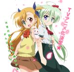  2girls :d a-1_pictures ahoge announcement_celebration ascot blonde_hair blue_eyes blush blush_stickers bowtie einhart_stratos glowing green_eyes green_hair hair_ribbon heterochromia long_hair looking_at_viewer lyrical_nanoha mahou_shoujo_lyrical_nanoha_vivid multiple_girls official_art open_mouth outstretched_hand petals red_eyes ribbon sacred_heart school_uniform shiny shiny_hair short_sleeves skirt smile star stuffed_animal stuffed_bunny stuffed_toy sweater_vest translation_request twintails two_side_up violet_eyes vivio 