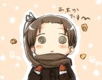  1girl :d ayanami_(kantai_collection) blush_stickers bow brown_hair coat commentary_request engiyoshi hair_bow hair_ribbon kantai_collection long_hair looking_at_viewer mittens open_mouth ribbon side_ponytail smile solo translation_request 