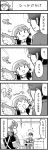  1boy 2girls 4koma apron closed_eyes comic emphasis_lines feathered_wings formal glasses harpy head_feathers head_scarf hirokazu_sasaki monochrome monster_girl multiple_girls necktie nobuyoshi-zamurai payot rin_(torikissa!) siblings sisters suit suzu_(torikissa!) tail_feathers talons torikissa! translation_request wings 