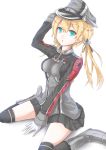  1girl \||/ absurdres anchor_hair_ornament aqua_eyes black_legwear black_skirt blonde_hair breasts gloves hand_on_headwear hat highres iron_cross kantai_collection long_sleeves microskirt military military_uniform open_mouth peaked_cap pleated_skirt prinz_eugen_(kantai_collection) simple_background sitting skirt solo thigh-highs twintails uniform wariza white_background white_gloves yomi_(yomi14_pyaon) 
