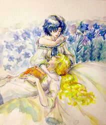  1boy 1girl artist_request bare_shoulders bishoujo_senshi_sailor_moon blonde_hair blue_hair blue_ribbon book closed_eyes couple dress field flower flower_field gown graphite_(medium) hetero lap_pillow long_dress long_hair low_ponytail lying mizuno_ami open_book ponytail puffy_short_sleeves puffy_sleeves ribbon shirt short_hair short_sleeves traditional_media watercolor_(medium) white_shirt zoisite_(sailor_moon) 