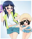  2girls :3 bangs bare_shoulders bikini_skirt black_eyes black_hair blue_panties blunt_bangs blush brown_eyes camera denim denim_shorts denki-gai_no_hon&#039;ya-san frilled_swimsuit frills glasses hat highres kameko_(denki-gai) long_hair midriff mikakeha multiple_girls open_mouth panties red-framed_glasses semi-rimless_glasses sensei_(denki-gai) short_hair shorts shorts_pull swimsuit under-rim_glasses underwear water_gun wavy_mouth 