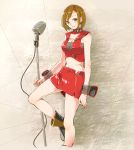  1girl ankle_boots boots breasts brown_eyes brown_hair cleavage crop_top daigoman detached_collar earrings jewelry large_breasts meiko microphone microphone_stand midriff one_leg_raised pencil_skirt short_hair skirt sleeveless smile solo vocaloid wrist_cuffs 