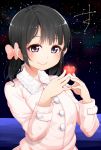  1girl black_hair blush bow buttons coat copyright_request hair_bow heart holding looking_at_viewer ocean red_disappointment short_twintails sky smile solo star_(sky) starry_sky twintails violet_eyes winter_clothes winter_coat 
