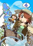  &gt;_&lt; 2girls animal_on_head apron bird bird_on_head blush feathered_wings flying hair_over_one_eye harpy hat head_feathers head_scarf hose monster_girl multiple_girls nobuyoshi-zamurai payot rin_(torikissa!) siblings sign sisters spraying straw_hat suzu_(torikissa!) swim_ring tail_feathers talons torikissa! water wings 