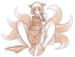  1girl animal_ears barefoot blush covering_mouth dress fox_ears fox_tail highres kuro_suto_sukii long_sleeves looking_at_viewer monochrome multiple_tails no_hat sketch solo spot_color spread_legs tabard tail touhou yakumo_ran 