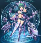  &gt;:o 1girl :o absurdres blue_eyes breasts green_hair headgear highres large_breasts long_hair looking_at_viewer mecha_musume navel open_mouth original reaching solo tonchan 