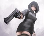  1girl black_hair black_legwear brown_eyes from_behind gun lips original pencil_skirt revolver ribbed_sweater short_hair skirt smith_&amp;_wesson solo suspenders sweater terabyte_(rook777) thigh-highs weapon 