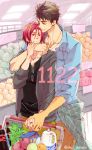  2boys apple arm_around_neck black_hair blue_eyes celery coca-cola dated food free! fruit groceries highres holding_hands jewelry looking_at_another male matsuoka_rin milk multiple_boys red_eyes redhead ring sakurai_shushushu shop shopping_cart smile yamazaki_sousuke yaoi 