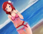  1girl azuki_cha beach belt bikini blue_sky blush clouds flower frilled_bikini frilled_swimsuit frills front-tie_top hair_flower hair_ornament heart jewelry looking_at_viewer love_live!_school_idol_project natsuiro_egao_de_1_2_jump! navel necklace nishikino_maki ocean pearl_necklace redhead see-through sky solo standing swimsuit violet_eyes waves wristband 