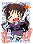  &gt;_&lt; 1girl 8997744 :d ashigara_(kantai_collection) blush_stickers brown_hair checkered checkered_background chibi hairband kantai_collection long_hair looking_at_viewer open_mouth pointing pointing_up smile solo translation_request twitter_username xd 