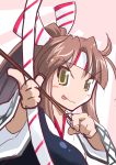  &gt;:p 1girl aiming arrow bow_(weapon) brown_hair headband holding kantai_collection looking_at_viewer mizuki_hitoshi muneate ponytail sketch smile solo weapon yellow_eyes zuihou_(kantai_collection) 