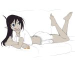  +_+ 1girl ass barefoot black_hair blue_eyes breasts buck_teeth commentary couch cross cross_necklace dark_elf demon_mages elf grey_skin jason_robinson long_hair lying midriff nail_polish on_stomach pointy_ears shorts soles solo tara_olphoros toes 